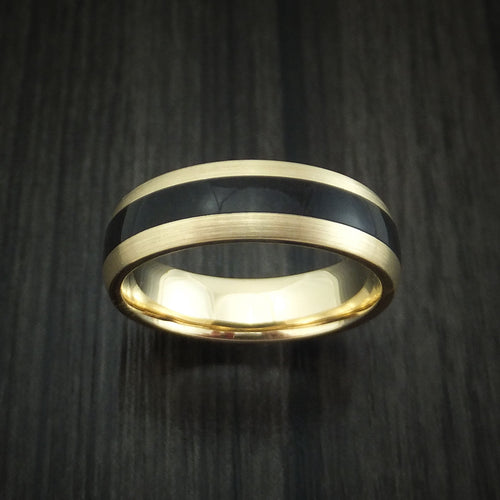Captain XVI - Yellow Gold and Black Dinosaur Bone Men's Wedding Ring Fossil Band - view 2 - Nura Lab