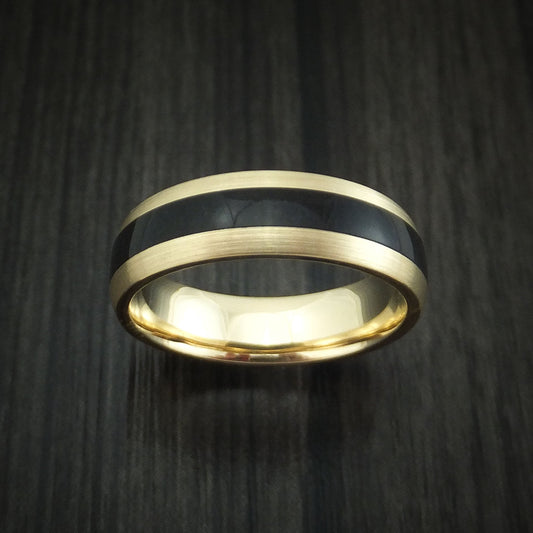 Captain XVI - Yellow Gold and Black Dinosaur Bone Men's Wedding Ring Fossil Band - view 2 - Nura Lab
