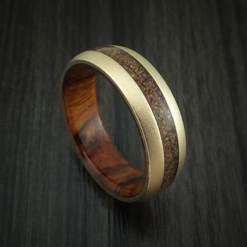 Admiral XII - 14K Yellow Gold and Tan Dinosaur Bone Men's Wedding Ring with Desert Ironwood Burl Wood Sleeve Fossil Band - Nura Lab