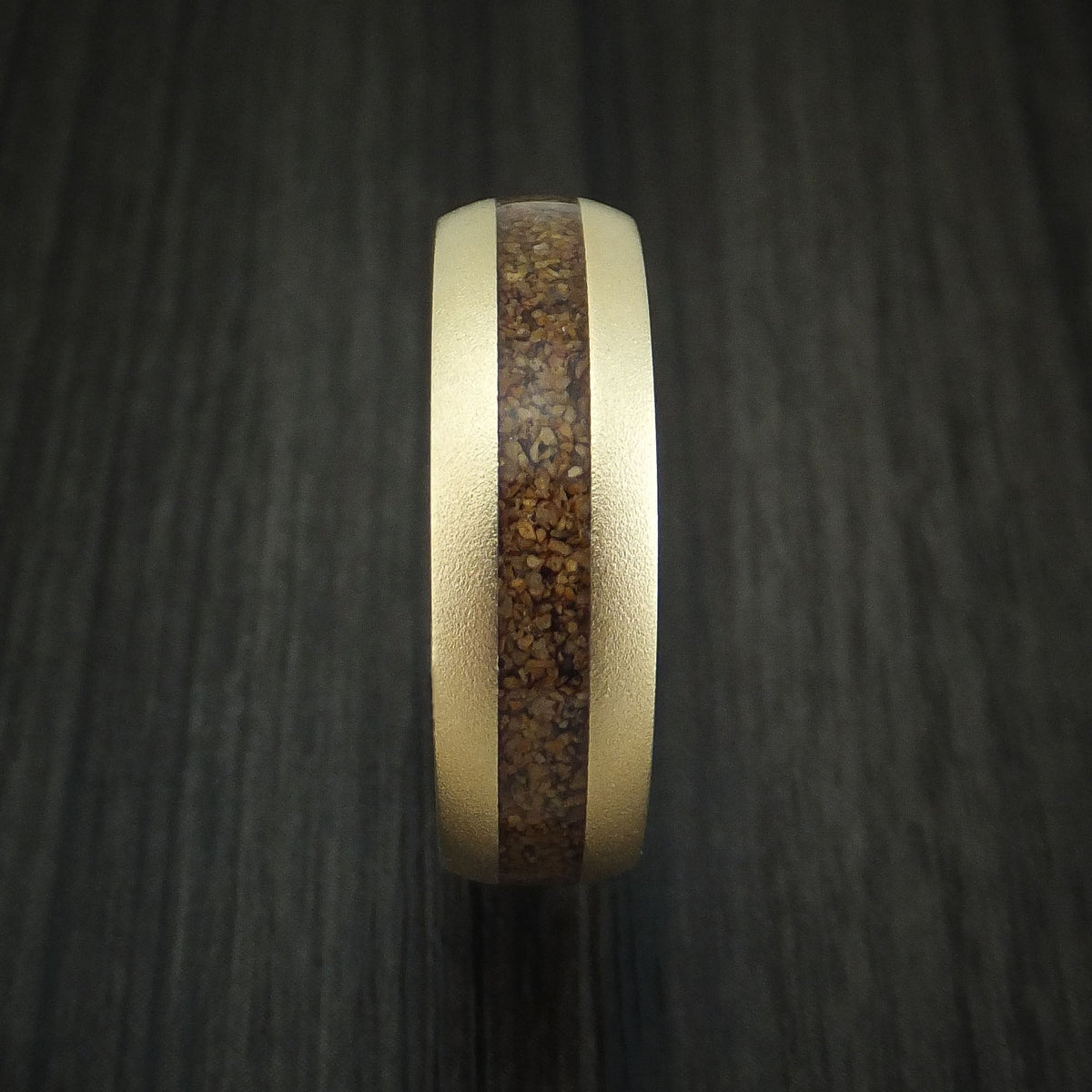 Admiral XII - 14K Yellow Gold and Tan Dinosaur Bone Men's Wedding Ring with Desert Ironwood Burl Wood Sleeve Fossil Band - view 3 - Nura Lab