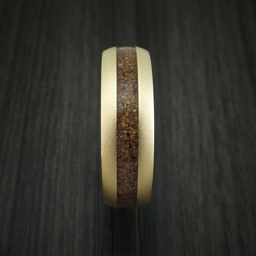 Admiral XII - 14K Yellow Gold and Tan Dinosaur Bone Men's Wedding Ring with Desert Ironwood Burl Wood Sleeve Fossil Band - view 3 - Nura Lab