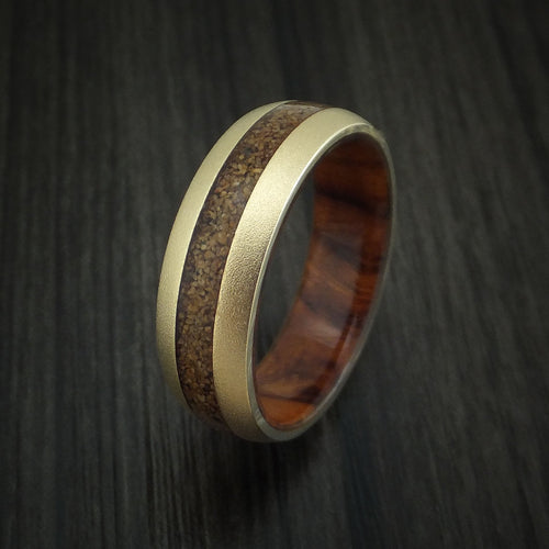 Admiral XII - 14K Yellow Gold and Tan Dinosaur Bone Men's Wedding Ring with Desert Ironwood Burl Wood Sleeve Fossil Band - view 4 - Nura Lab