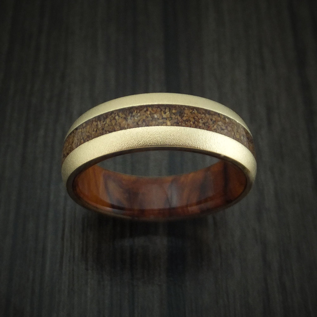 Admiral XII - 14K Yellow Gold and Tan Dinosaur Bone Men's Wedding Ring with Desert Ironwood Burl Wood Sleeve Fossil Band - view 2 - Nura Lab