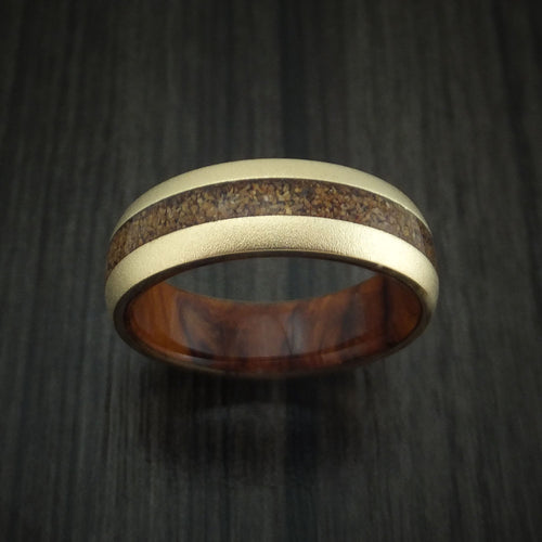 Admiral XII - 14K Yellow Gold and Tan Dinosaur Bone Men's Wedding Ring with Desert Ironwood Burl Wood Sleeve Fossil Band - view 2 - Nura Lab
