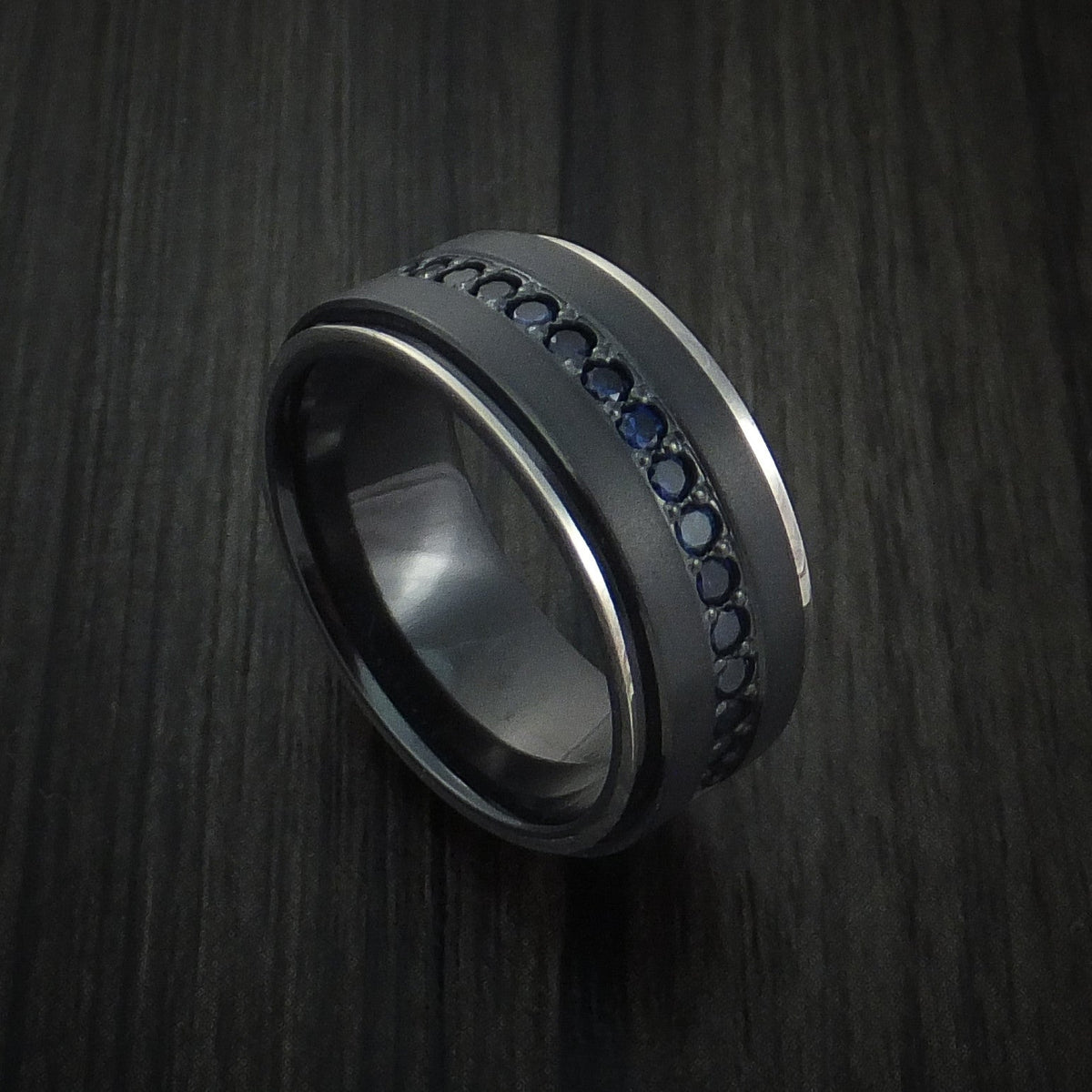 Empire XVII - Black Zirconium Men's Wedding Ring with 14K White Gold Edges and Half Eternity Sapphires - Nura Lab