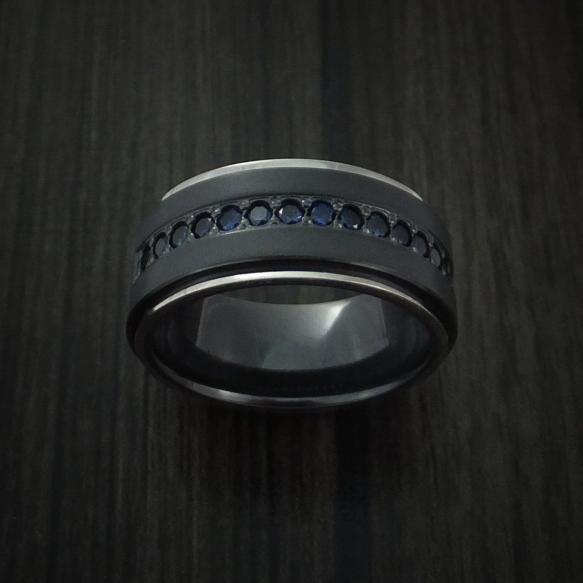 Empire XVII - Black Zirconium Men's Wedding Ring with 14K White Gold Edges and Half Eternity Sapphires - view 2 - Nura Lab
