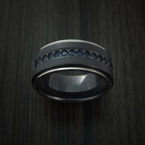 Empire XVII - Black Zirconium Men's Wedding Ring with 14K White Gold Edges and Half Eternity Sapphires - view 2 - Nura Lab