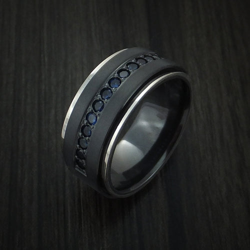 Empire XVII - Black Zirconium Men's Wedding Ring with 14K White Gold Edges and Half Eternity Sapphires - view 3 - Nura Lab