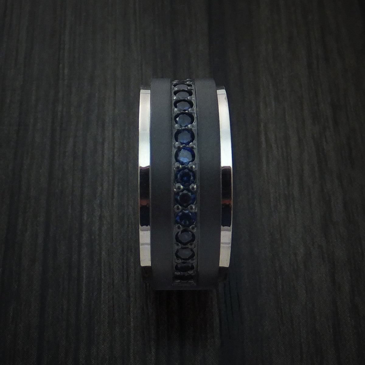 Empire XVII - Black Zirconium Men's Wedding Ring with 14K White Gold Edges and Half Eternity Sapphires - view 4 - Nura Lab