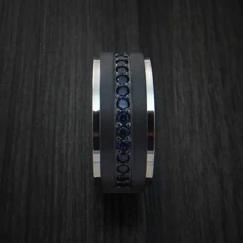 Empire XVII - Black Zirconium Men's Wedding Ring with 14K White Gold Edges and Half Eternity Sapphires - view 4 - Nura Lab