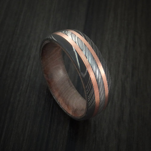 Dusk IX - Damascus Steel Men's Wedding Ring with Copper Inlays and Hard Wood Sleeve - Nura Lab