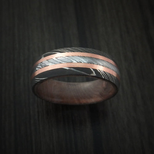 Dusk IX - Damascus Steel Men's Wedding Ring with Copper Inlays and Hard Wood Sleeve - view 2 - Nura Lab