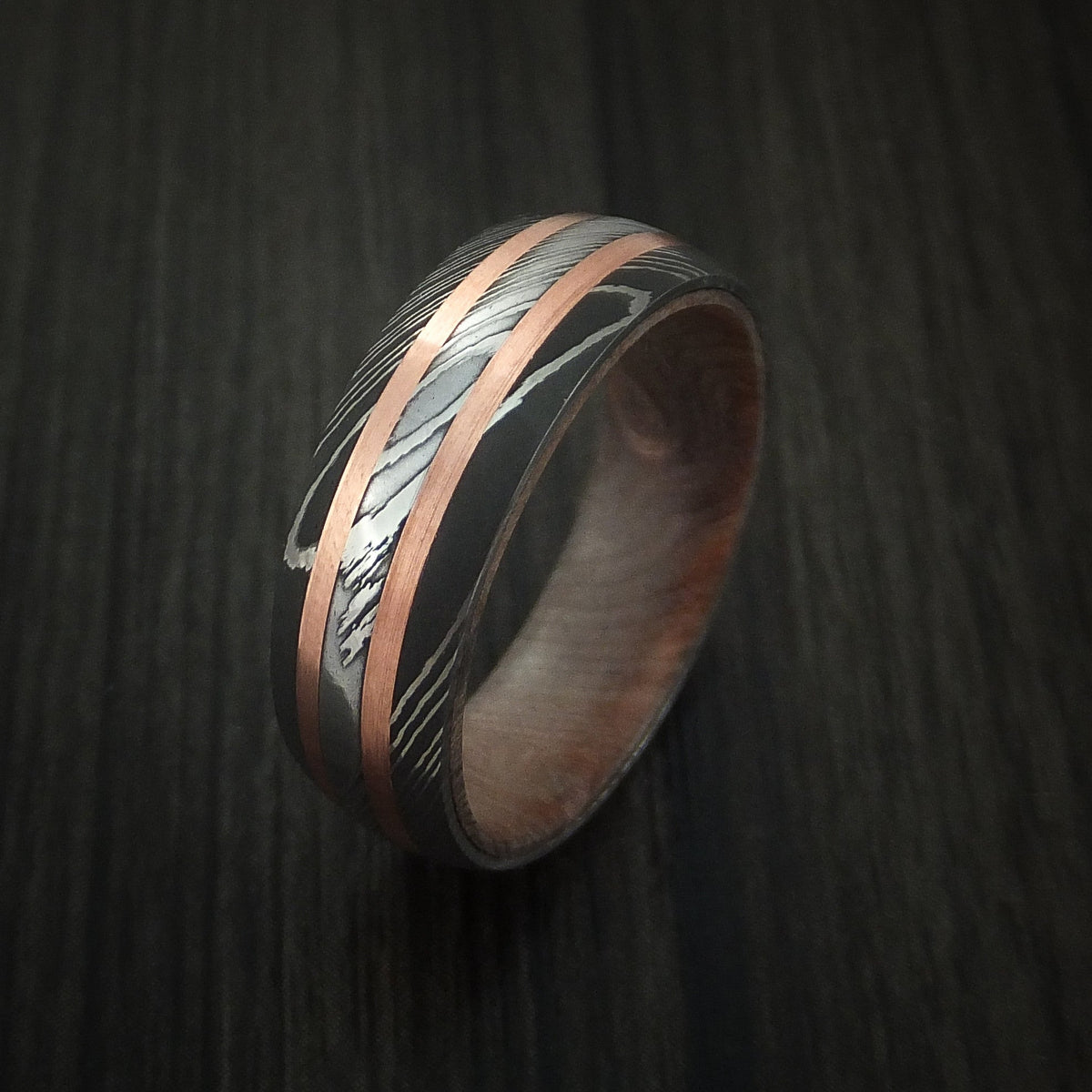 Dusk IX - Damascus Steel Men's Wedding Ring with Copper Inlays and Hard Wood Sleeve - view 3 - Nura Lab