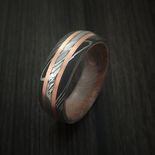 Dusk IX - Damascus Steel Men's Wedding Ring with Copper Inlays and Hard Wood Sleeve - view 3 - Nura Lab