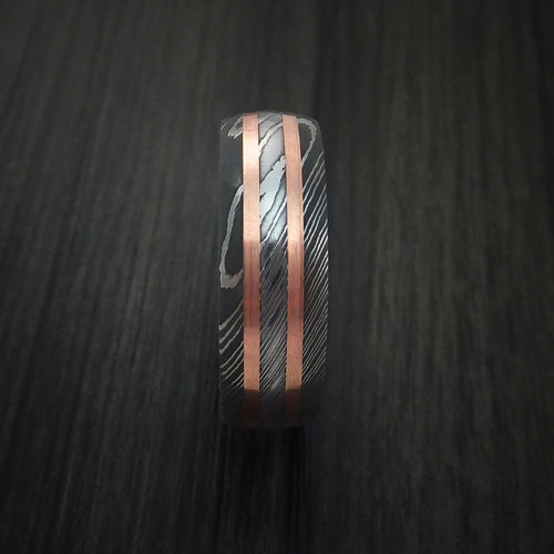 Dusk IX - Damascus Steel Men's Wedding Ring with Copper Inlays and Hard Wood Sleeve - view 4 - Nura Lab