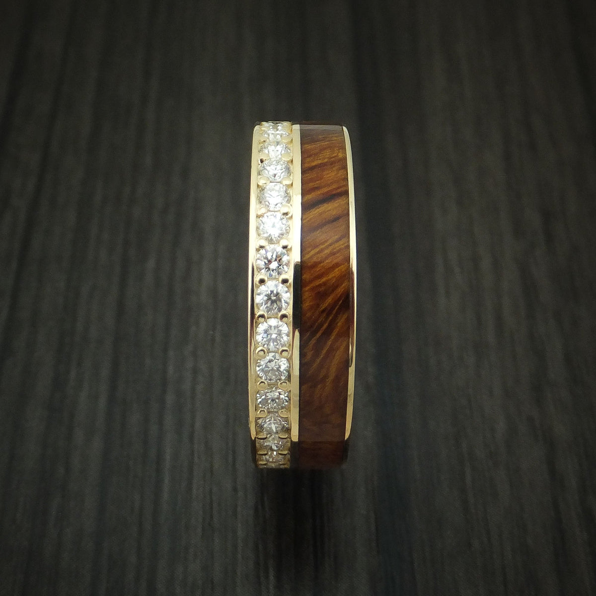 Noble XII - 14K Yellow Gold Eternity Diamond Band with Desert Ironwood Burl Inlay Wedding Ring - view 3 - Nura Lab