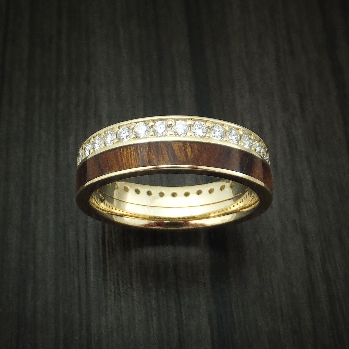 Noble XII - 14K Yellow Gold Eternity Diamond Band with Desert Ironwood Burl Inlay Wedding Ring - view 2 - Nura Lab