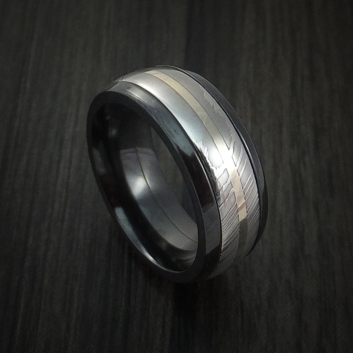 Regent X - Black Zirconium and Damascus Steel Band 14K White Gold Center Men's Wedding Ring - Nura Lab