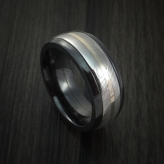 Regent X - Black Zirconium and Damascus Steel Band 14K White Gold Center Men's Wedding Ring - Nura Lab