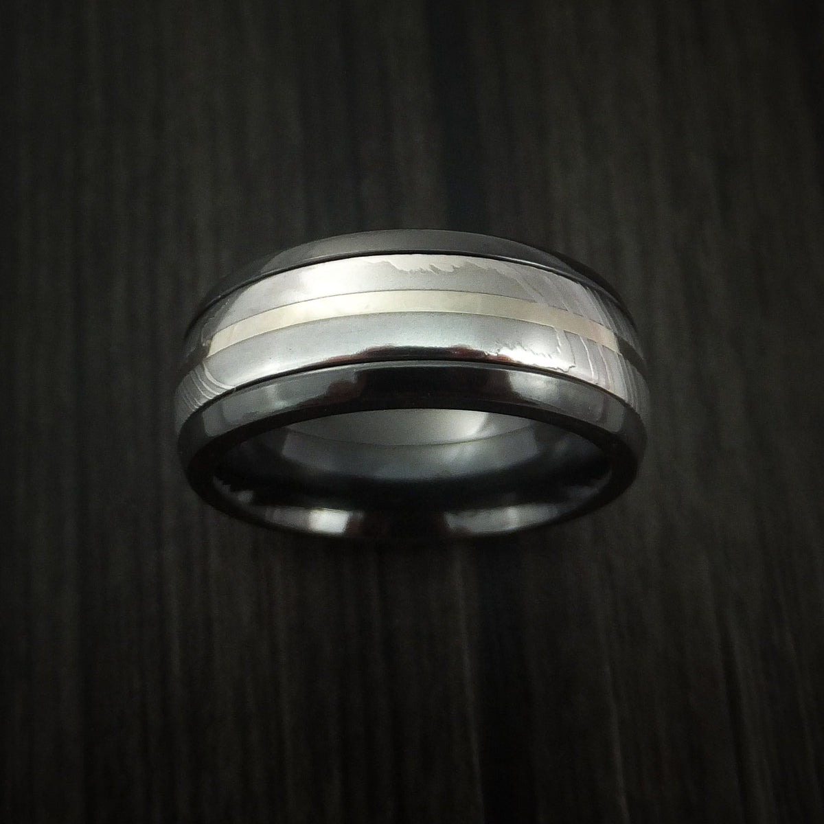 Regent X - Black Zirconium and Damascus Steel Band 14K White Gold Center Men's Wedding Ring - view 2 - Nura Lab
