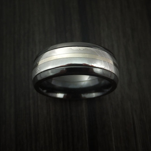 Regent X - Black Zirconium and Damascus Steel Band 14K White Gold Center Men's Wedding Ring - view 2 - Nura Lab
