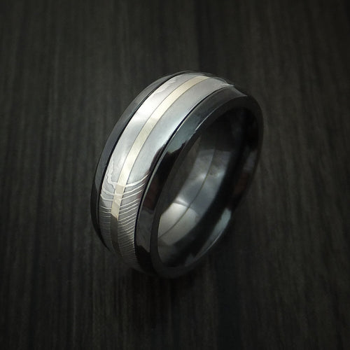Regent X - Black Zirconium and Damascus Steel Band 14K White Gold Center Men's Wedding Ring - view 4 - Nura Lab