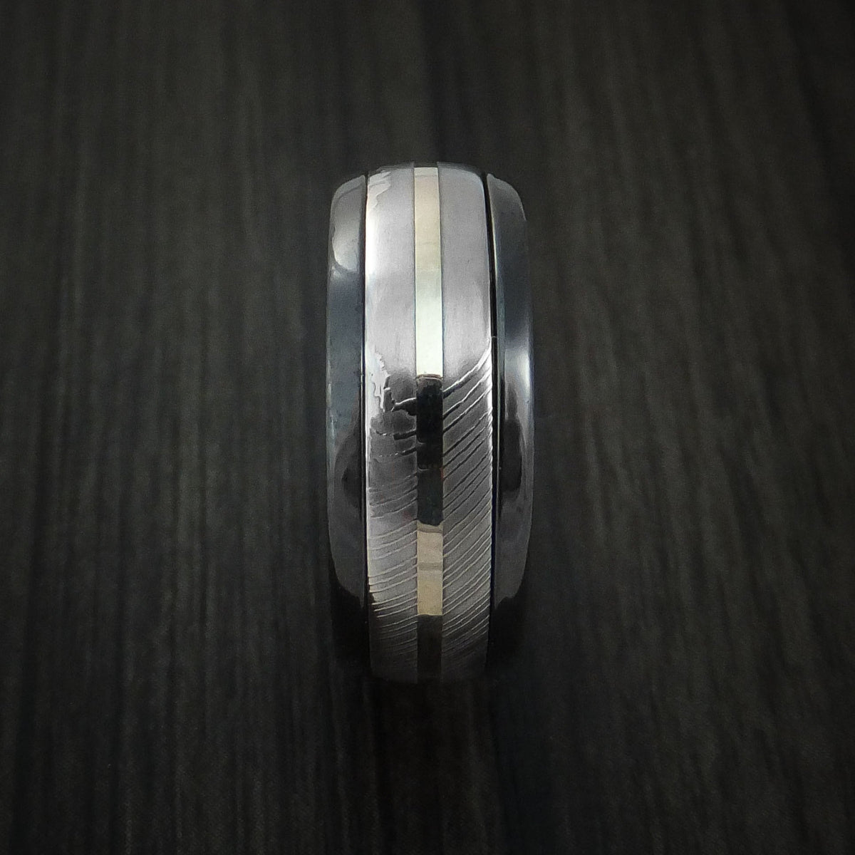 Regent X - Black Zirconium and Damascus Steel Band 14K White Gold Center Men's Wedding Ring - view 3 - Nura Lab
