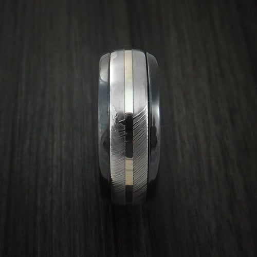 Regent X - Black Zirconium and Damascus Steel Band 14K White Gold Center Men's Wedding Ring - view 3 - Nura Lab