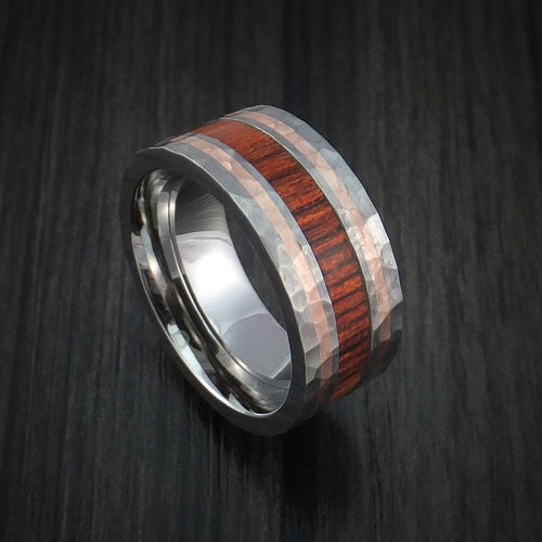 Evernorth VII - Titanium with 14K Rose Gold and Cocobolo Hardwood Hammered Men's Wedding Ring Band - Nura Lab