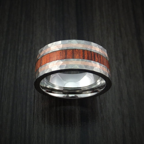 Evernorth VII - Titanium with 14K Rose Gold and Cocobolo Hardwood Hammered Men's Wedding Ring Band - view 2 - Nura Lab