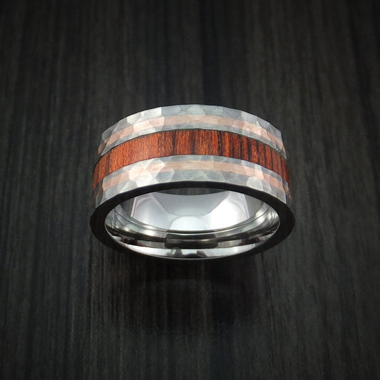 Evernorth VII - Titanium with 14K Rose Gold and Cocobolo Hardwood Hammered Men's Wedding Ring Band - view 2 - Nura Lab