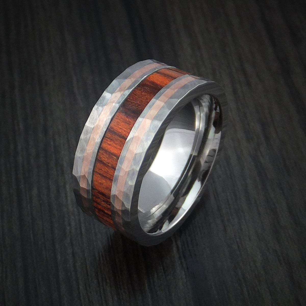 Evernorth VII - Titanium with 14K Rose Gold and Cocobolo Hardwood Hammered Men's Wedding Ring Band - view 4 - Nura Lab