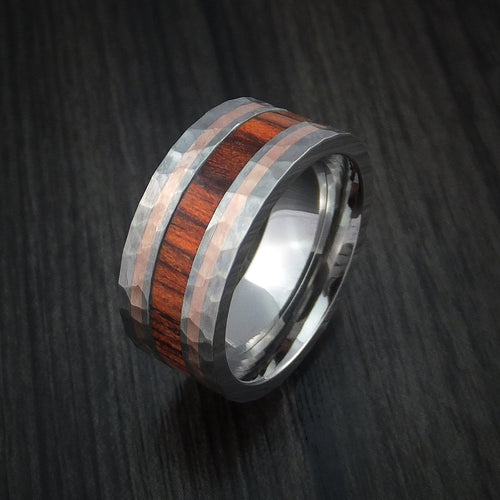 Evernorth VII - Titanium with 14K Rose Gold and Cocobolo Hardwood Hammered Men's Wedding Ring Band - view 4 - Nura Lab