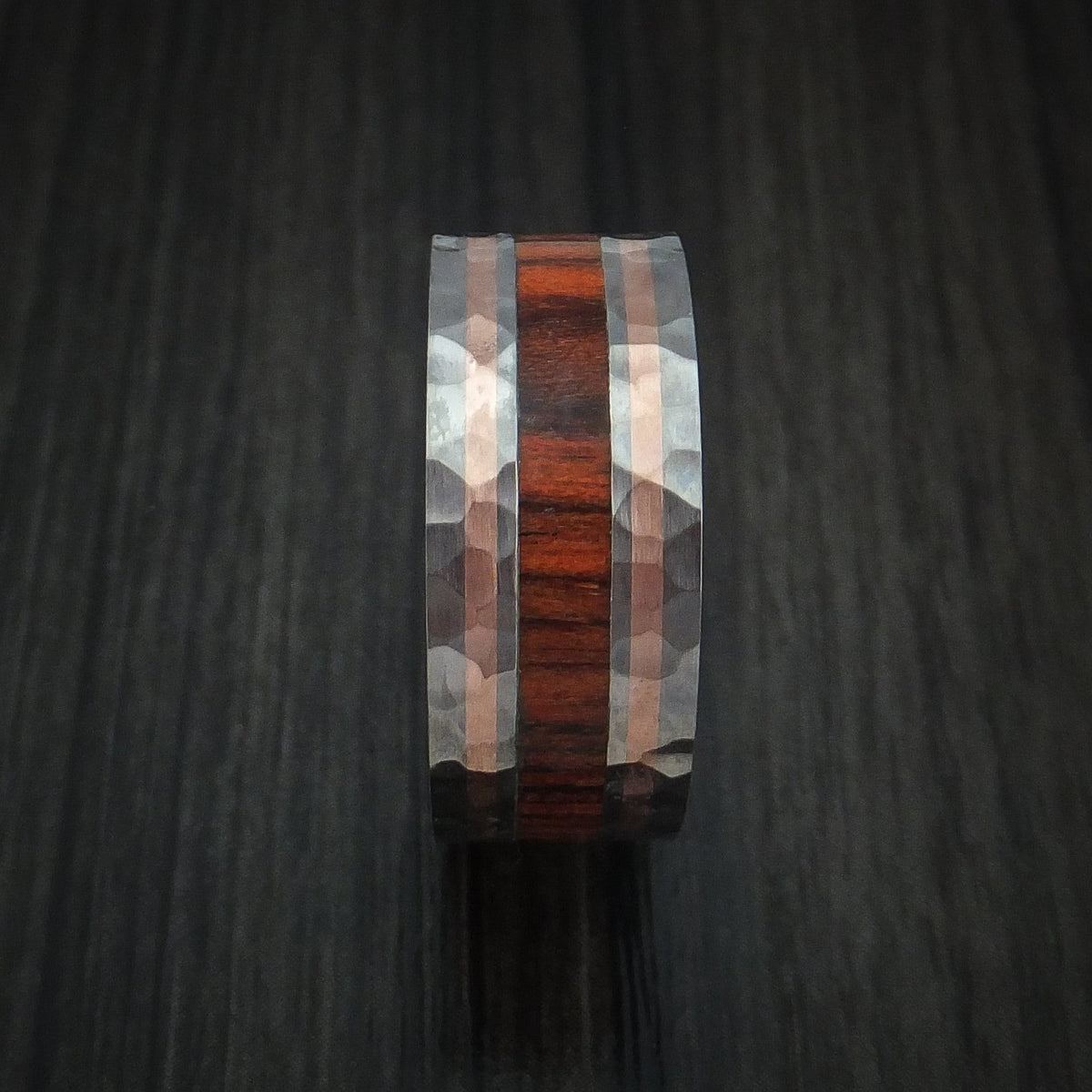 Evernorth VII - Titanium with 14K Rose Gold and Cocobolo Hardwood Hammered Men's Wedding Ring Band - view 3 - Nura Lab
