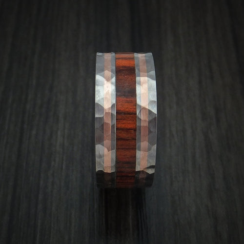 Evernorth VII - Titanium with 14K Rose Gold and Cocobolo Hardwood Hammered Men's Wedding Ring Band - view 3 - Nura Lab