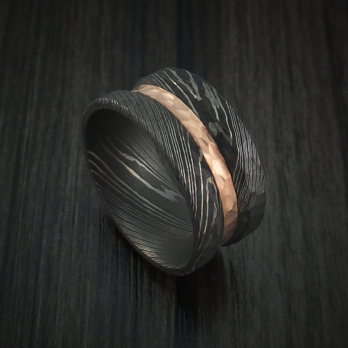 Coal IX - Damascus Steel Men's Wedding Ring with Rock Hammer Finish and 14k Rose Gold Inlay - Nura Lab