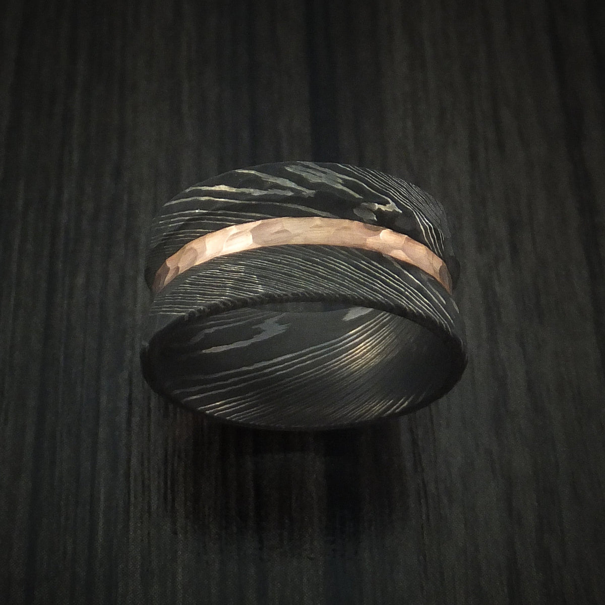 Coal IX - Damascus Steel Men's Wedding Ring with Rock Hammer Finish and 14k Rose Gold Inlay - view 2 - Nura Lab