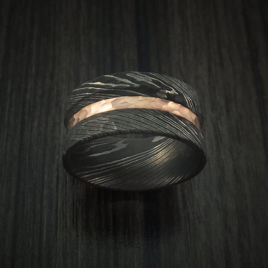 Coal IX - Damascus Steel Men's Wedding Ring with Rock Hammer Finish and 14k Rose Gold Inlay - view 2 - Nura Lab
