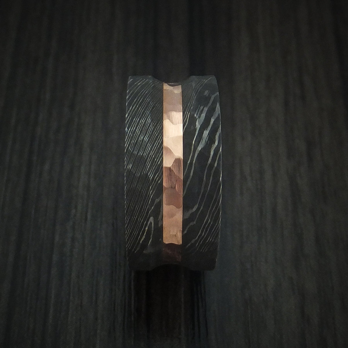 Coal IX - Damascus Steel Men's Wedding Ring with Rock Hammer Finish and 14k Rose Gold Inlay - view 3 - Nura Lab