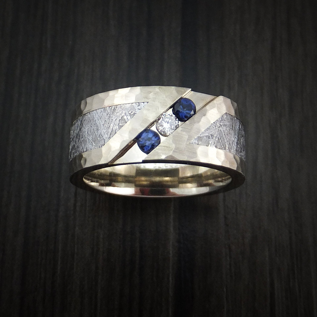 Evernorth XVII - White Gold and Meteorite Hammered Men's Wedding Ring with Diamond and Sapphires - view 2 - Nura Lab