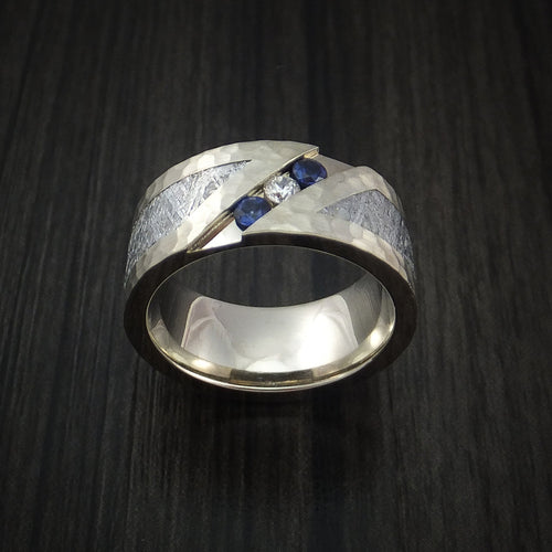 Evernorth XVII - White Gold and Meteorite Hammered Men's Wedding Ring with Diamond and Sapphires - view 3 - Nura Lab