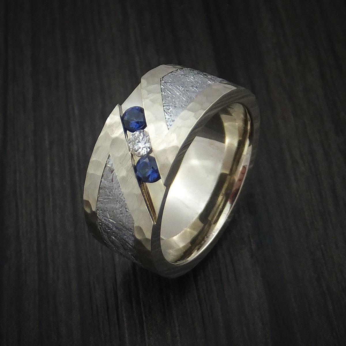 Evernorth XVII - White Gold and Meteorite Hammered Men's Wedding Ring with Diamond and Sapphires - view 4 - Nura Lab