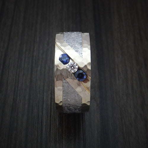 Evernorth XVII - White Gold and Meteorite Hammered Men's Wedding Ring with Diamond and Sapphires - view 5 - Nura Lab