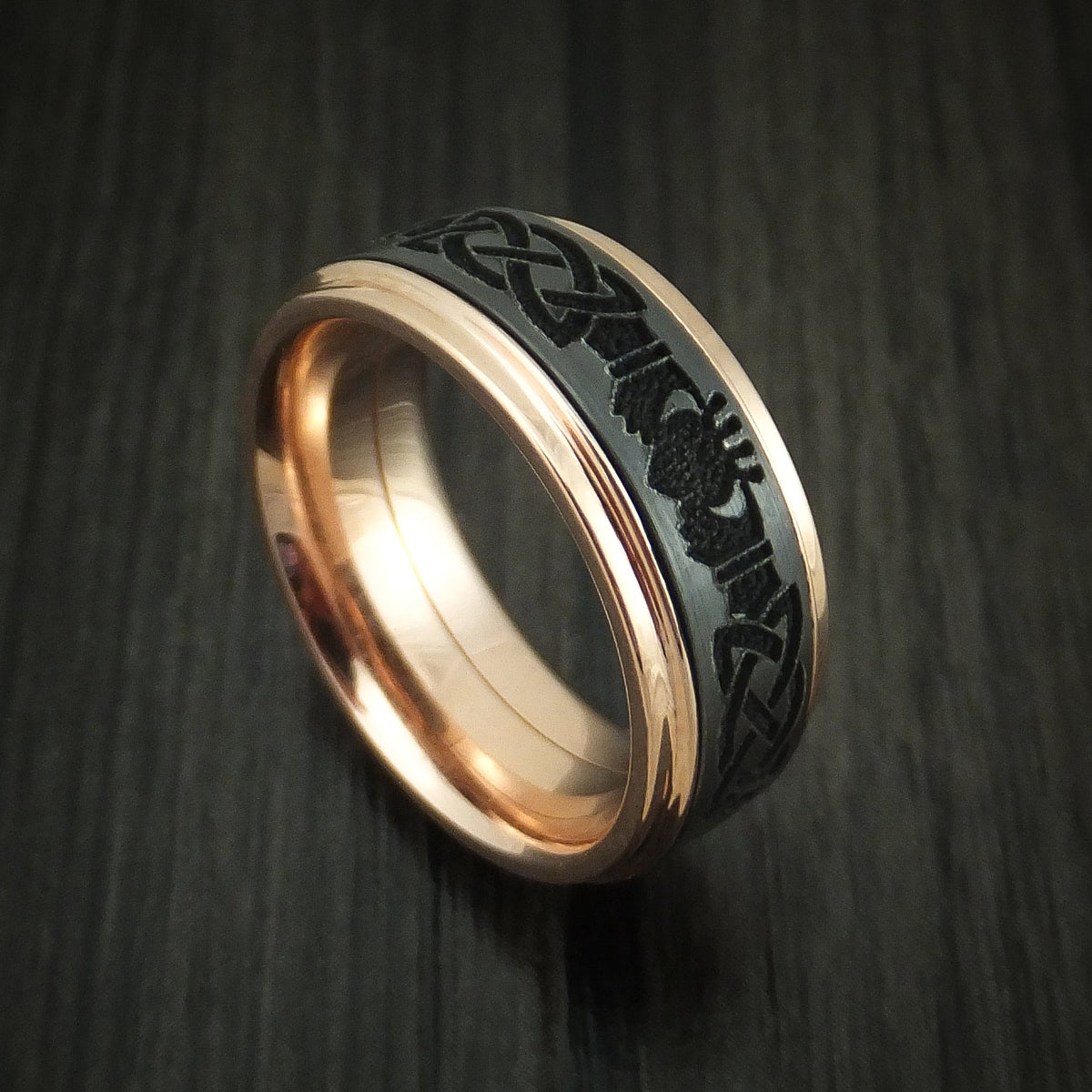 Obsidian XVIII - Rose Gold and Black Zirconium Celtic Claddagh Band Men's Wedding Ring - Nura Lab