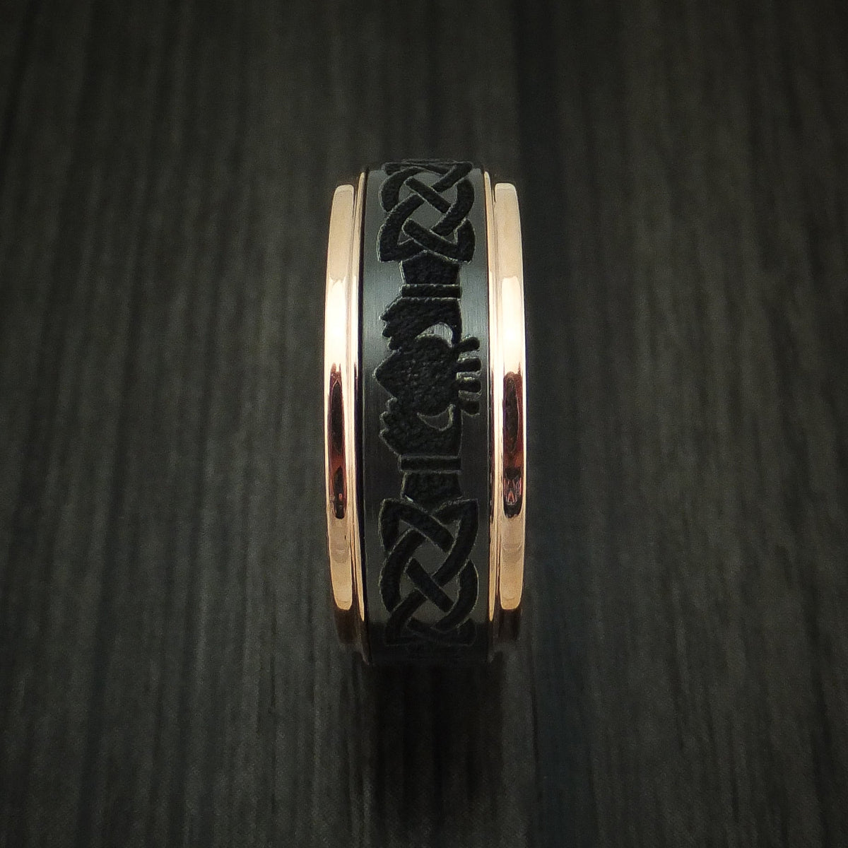 Obsidian XVIII - Rose Gold and Black Zirconium Celtic Claddagh Band Men's Wedding Ring - view 3 - Nura Lab