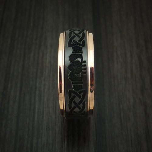 Obsidian XVIII - Rose Gold and Black Zirconium Celtic Claddagh Band Men's Wedding Ring - view 3 - Nura Lab