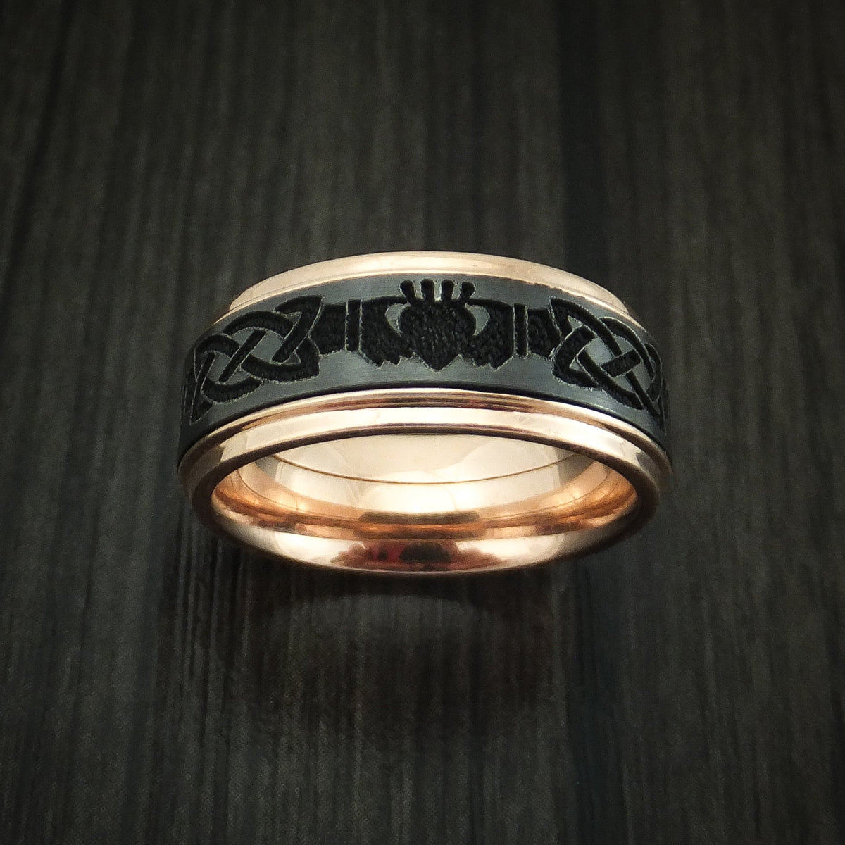 Obsidian XVIII - Rose Gold and Black Zirconium Celtic Claddagh Band Men's Wedding Ring - view 2 - Nura Lab