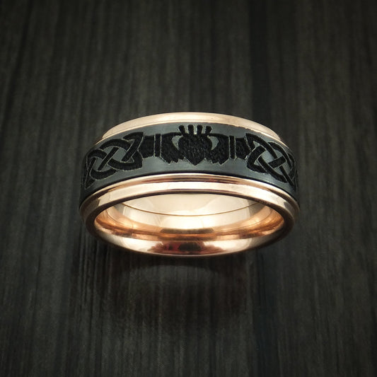 Obsidian XVIII - Rose Gold and Black Zirconium Celtic Claddagh Band Men's Wedding Ring - view 2 - Nura Lab