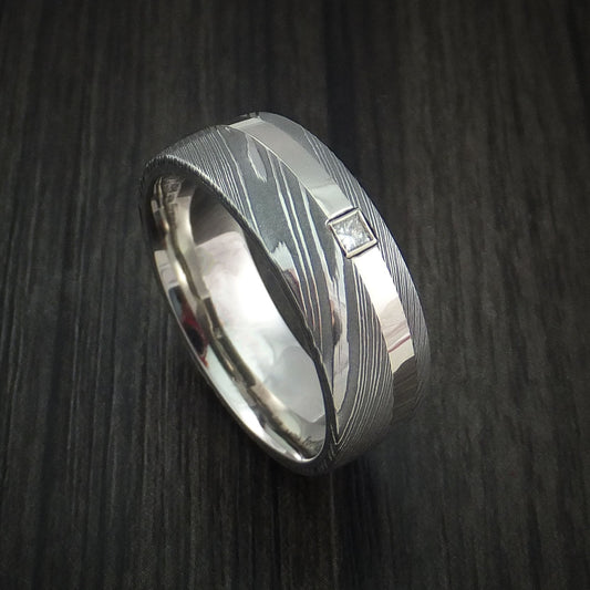 Kauri XI - Damascus Steel and 14K White Gold Men's Wedding Ring with Diamond Band - Nura Lab