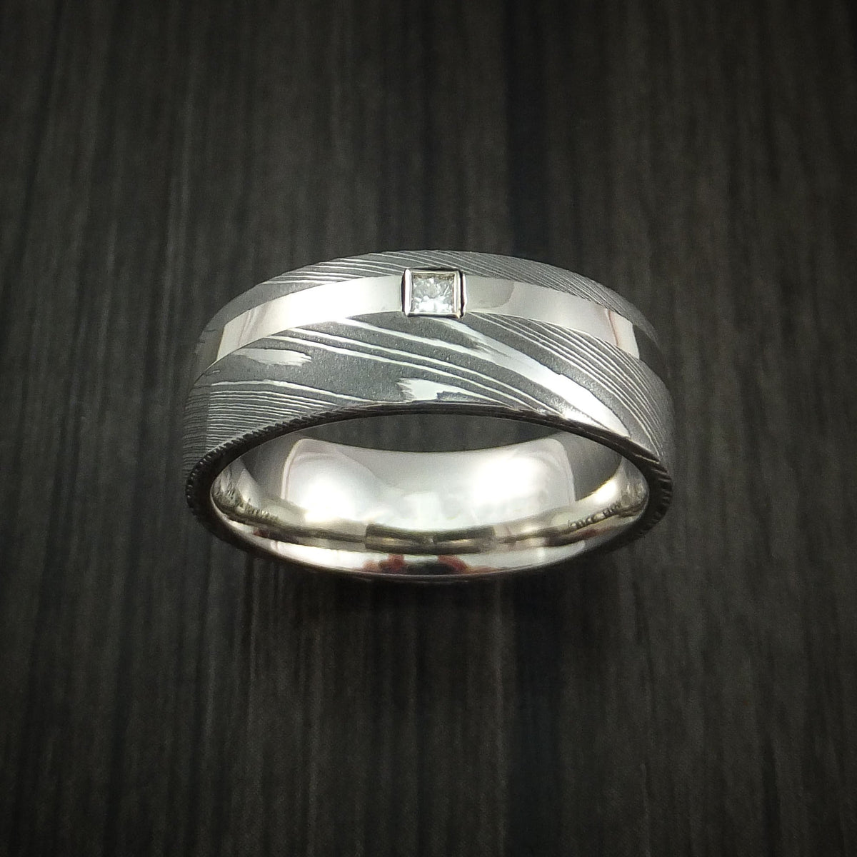 Kauri XI - Damascus Steel and 14K White Gold Men's Wedding Ring with Diamond Band - view 2 - Nura Lab